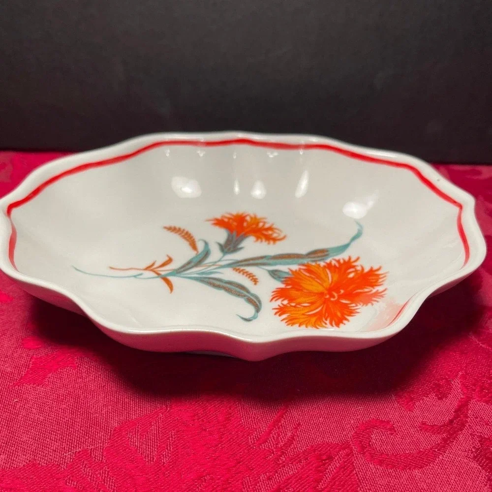 Vintage Hollohaza Hungary Orange Carnation Porcelain Dish Scalloped Edge 1960s